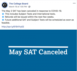 SAT canceled for May 2020 due to COVID-19 coronavirus.